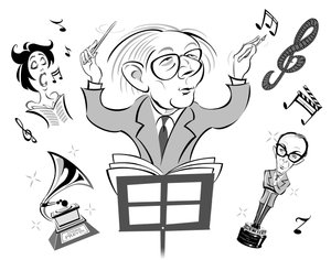Andre Previn, German-born American pianist, composer and conductor; caricature by Neale Osborne